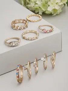 Ferosh Set of 10 Gold-Toned Crystal Rings