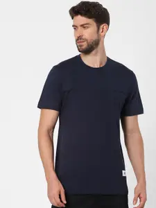 SELECTED Men Navy Blue Solid Cotton T-shirt