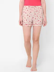 Soie Women Cream & Pink Printed Rayon Lounge Shorts