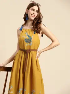 Sangria Mustard Yellow & Teal Blue Cotton Ethnic Motifs Maxi Dress