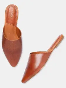 W The Folksong Collection Women Tan Mules with Laser Cuts Flats