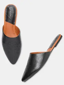W The Folksong Collection Women Black Mules with Laser Cuts Flats