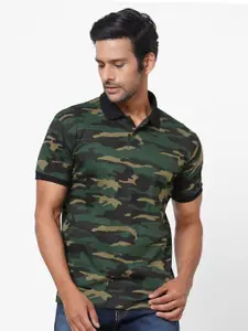 Wear Your Opinion Men Green Camouflage Printed Polo Collar T-shirt