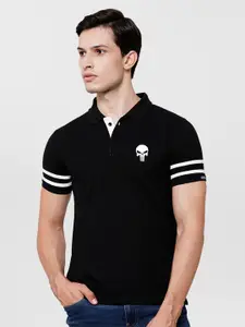 Wear Your Opinion Men Black Polo Collar Applique T-shirt