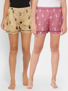 FashionRack Women Pack Of 2 Pink & Brown Printed Lounge Shorts
