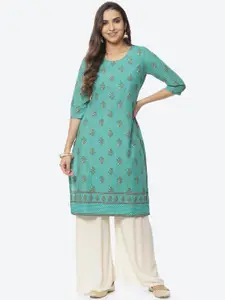 Rangriti Women Teal Blue & Beige Floral Printed Pure Cotton Kurta