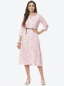 Rangriti Pink Floral Printed Shirt Midi Dress