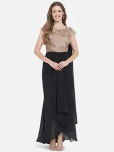 Just Wow Black Embellished Embroidered Net Maxi Dress