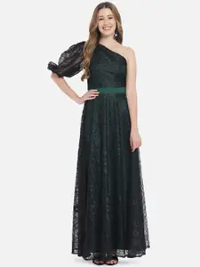 Just Wow Black & Green One Shoulder Lace Maxi Dress