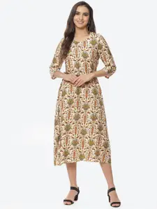Rangriti Cream-Coloured & Green Floral Ethnic A-Line Midi Dress