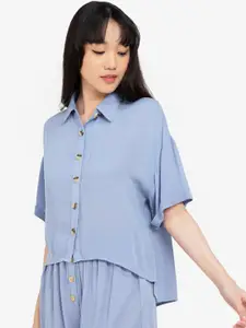 ZALORA BASICS Women Blue Solid High-Low Casual Shirt