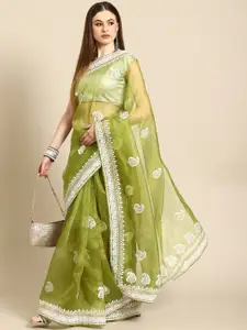 Anouk Green & White Leaves Embroidered Organza Saree
