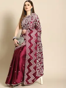 Anouk Burgundy Ethnic Motifs Mirror Work Satin Saree