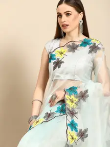 Anouk Blue & Yellow Solid Organza Saree with Floral Embroidered Border
