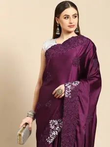 Anouk Burgundy & White Floral Embroidered Satin Saree