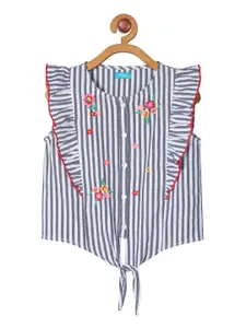Miyo Girls White & Grey Striped Cotton Shirt Style Top