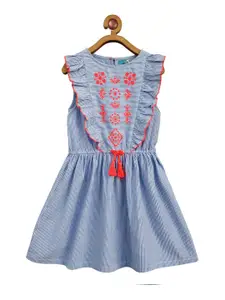 Miyo Blue & Red Floral Embroidered Cotton Fit & Flare Dress