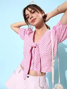 Style Quotient Women Pretty Pink Gingham Checked Top