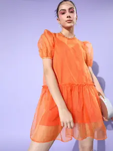 Style Quotient Women Bright Orange Solid Sheer Dress