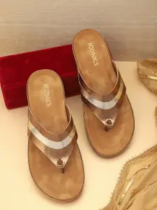 ICONICS Women Gold-Toned Ethnic Open Toe Flats