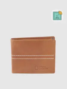 National Geographic Men Tan Brown Leather Two Fold Wallet
