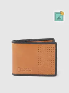 National Geographic Men Tan Brown Leather Two Fold Wallet