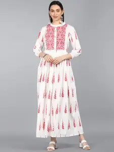 AHIKA White & Red Floral Ethnic A-Line Cotton Maxi Dress