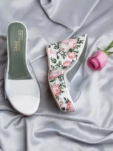 Shoetopia White & Purple Floral Printed Wedge Sandals