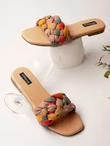 Shoetopia Women Tan Brown & Yellow Textured Open Toe Flats