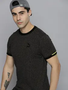 one8 x PUMA Men Black & White Brand Logo Printed Virat Kohli Jaquard Slim Fit T-shirt