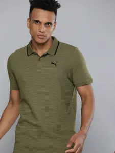 Puma Men Green Ottoman Striped Polo Collar Slim Fit Casual T-shirt