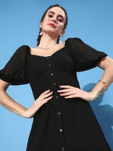 ANI Women Stylish Black Self-Design Dobby Weave Dress
