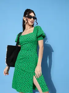 ANI Women Gorgeous Green Floral Puff Sleeves Dress