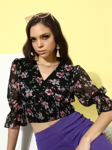EVERYDAY by ANI Women Stylish Black Floral Cropped Top
