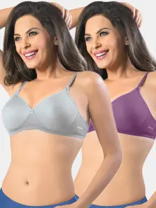 Sonari Pack Of 2 Grey & Purple Non-Padded No-Wired T Shirt Bra