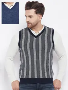 Duke Men Blue & Grey Striped Reversible Woolen Sweater Vest