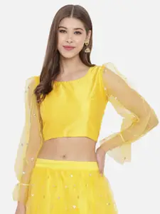 studio rasa Yellow Net Sequins Embroidered Crop Top