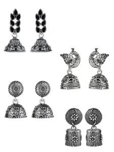 Yellow Chimes Set Of 4 Silver-Plated Oxidised Jhumkas Earring