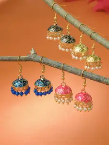 Yellow Chimes Pack Of 4 Gold-Toned Silver Plated Classic Meenakari Jhumkas Earrings
