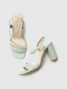 Marc Loire Green & Silver-Toned Colourblocked PU Block Sandals