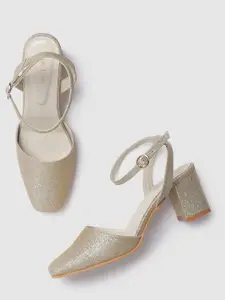 Marc Loire Gold-Toned Textured Block Heel Sandals
