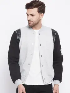 FUGAZEE Men Grey Colourblocked Fleece Varsity Jacket