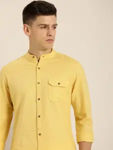 ether Men Yellow Mandarin Collar Cotton Linen Casual Shirt
