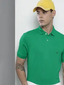Tommy Hilfiger Men Sea Green Polo Collar Pure Cotton Casual T-shirt