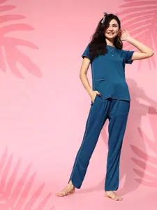 Bannos Swagger Women Stunning Blue Solid Leisure Set Night Suit