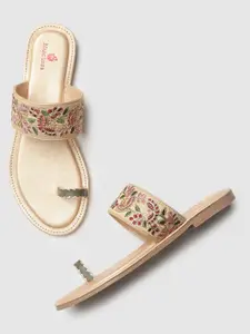 Marc Loire Women Gold-Toned Printed Leather Ethnic One Toe Flats