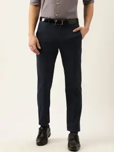 Peter England Men Navy Blue Checked Slim Fit Wrinkle Free Formal Trousers