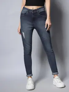 High Star Women Blue Slim Fit High-Rise Low Distress Heavy Fade Acid Wash Stretchable Jeans