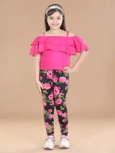 StyleStone Girls Pink & Black Floral Printed Top with Jeggings