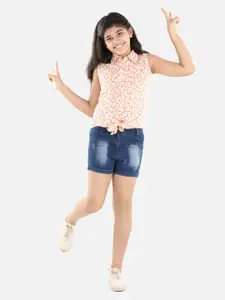 StyleStone Girls Pink & Blue Printed Pure Cotton Shirt with Shorts